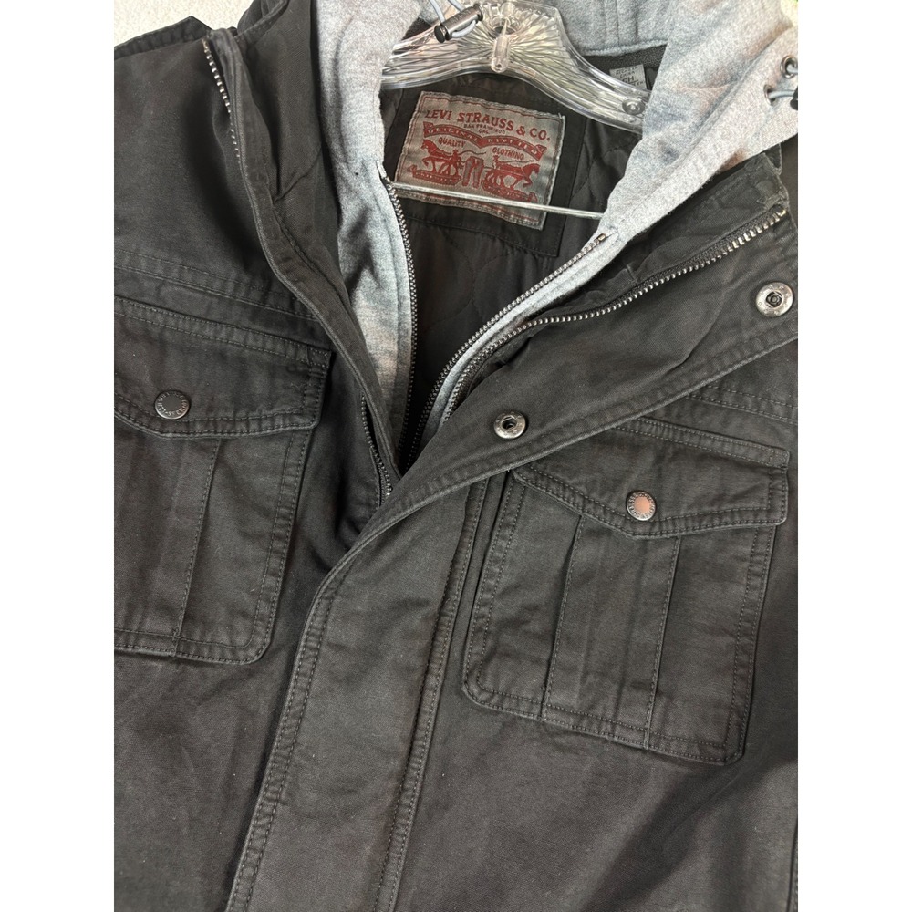 Levi's Co Mens Hooded Canvas Jacket Black Full Zip Snap‎ Button Small S NEW